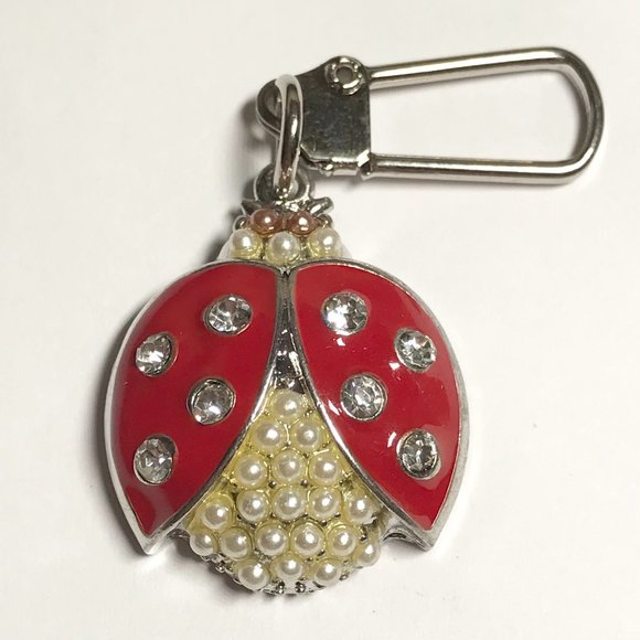 Red Ladybug Keychain Zipper Pull Purse Charm Backpack Pearl Crystal Enamel - Picture 3 of 8